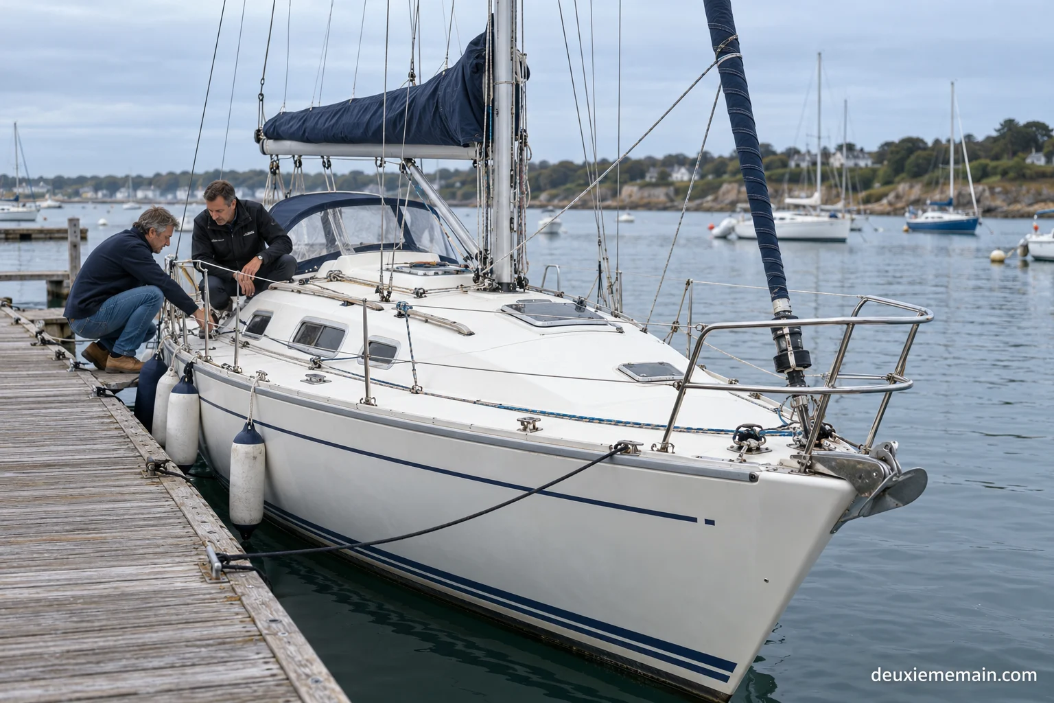 Een gebruikte zeilboot ligt aan de kade voor een inspectie.