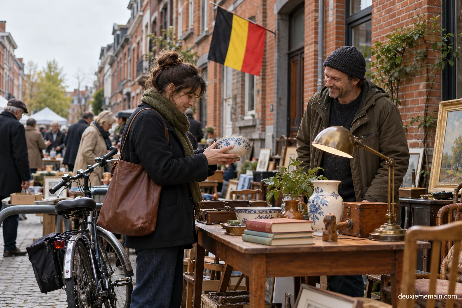 Een tweedehandsmarkt in een Belgische straat met de Belgische vlag.