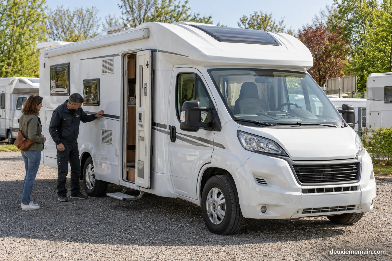 Een tweedehands camper met bestuurderscabine staat klaar voor inspectie.