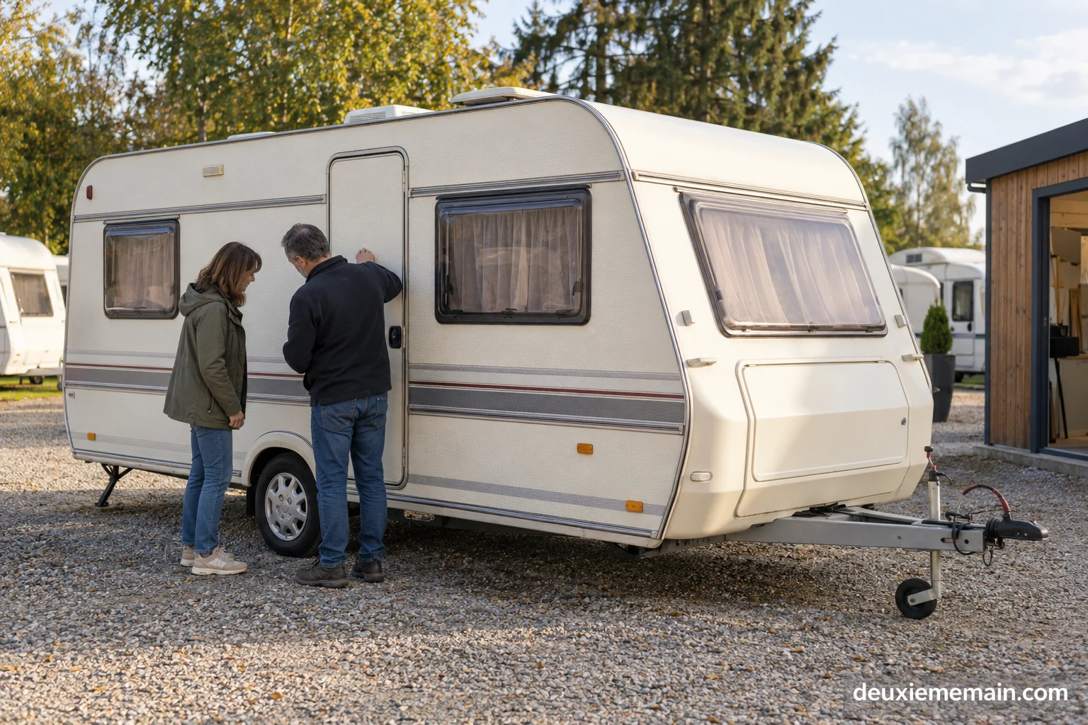 Een gebruikte caravan met zichtbare dissel wordt gecontroleerd.