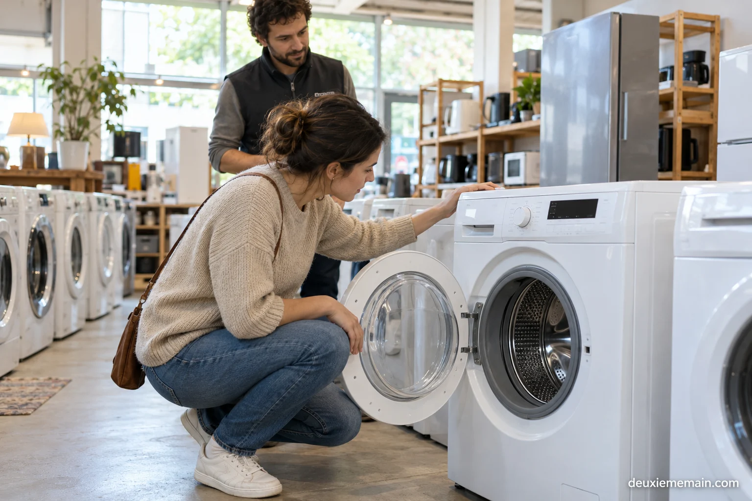 Een koper bekijkt de trommel van een uitgeschakelde wasmachine.