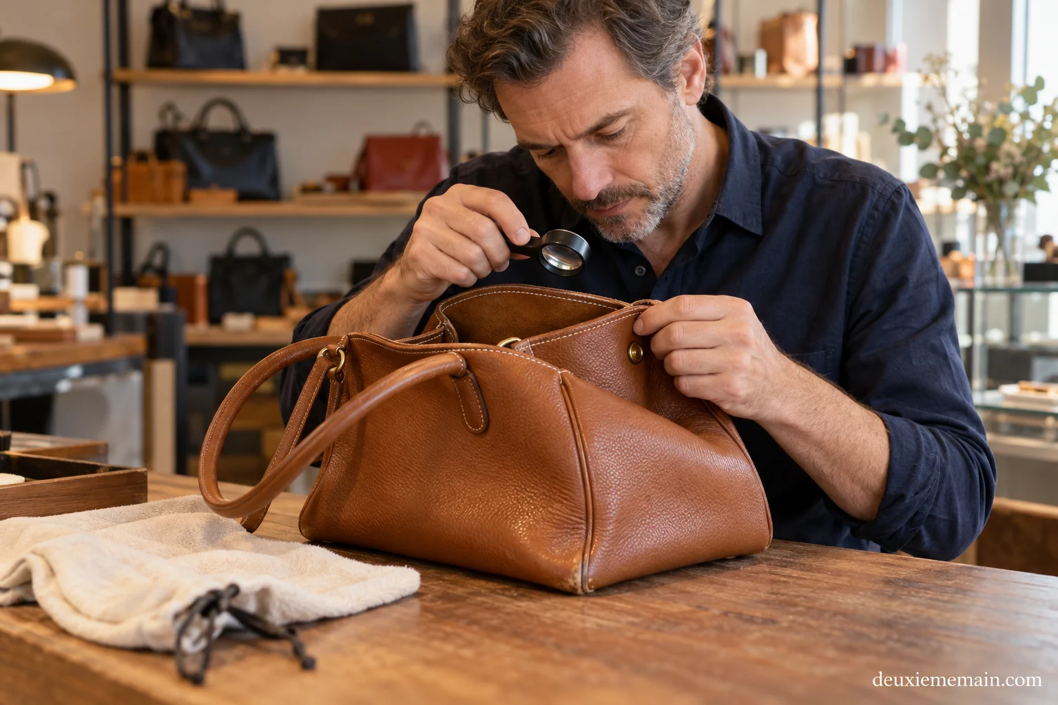 Een leren luxeaccessoire zonder zichtbaar merk wordt zorgvuldig bekeken.
