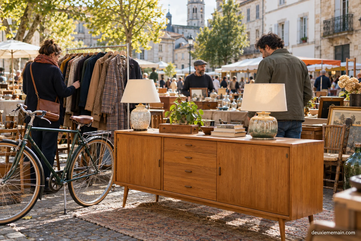 Brocante de quartier avec buffet, vélo et vêtements d’occasion