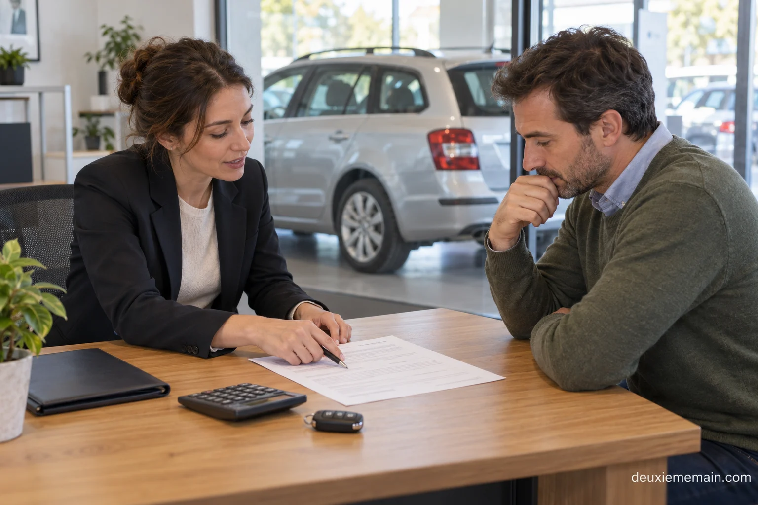 Conseillère et client examinant un document avec un véhicule d’occasion visible derrière une vitre.