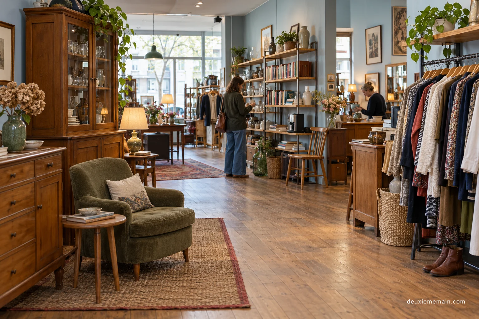 Boutique de seconde main lumineuse avec meubles en bois, vêtements sur portants et étagères de livres