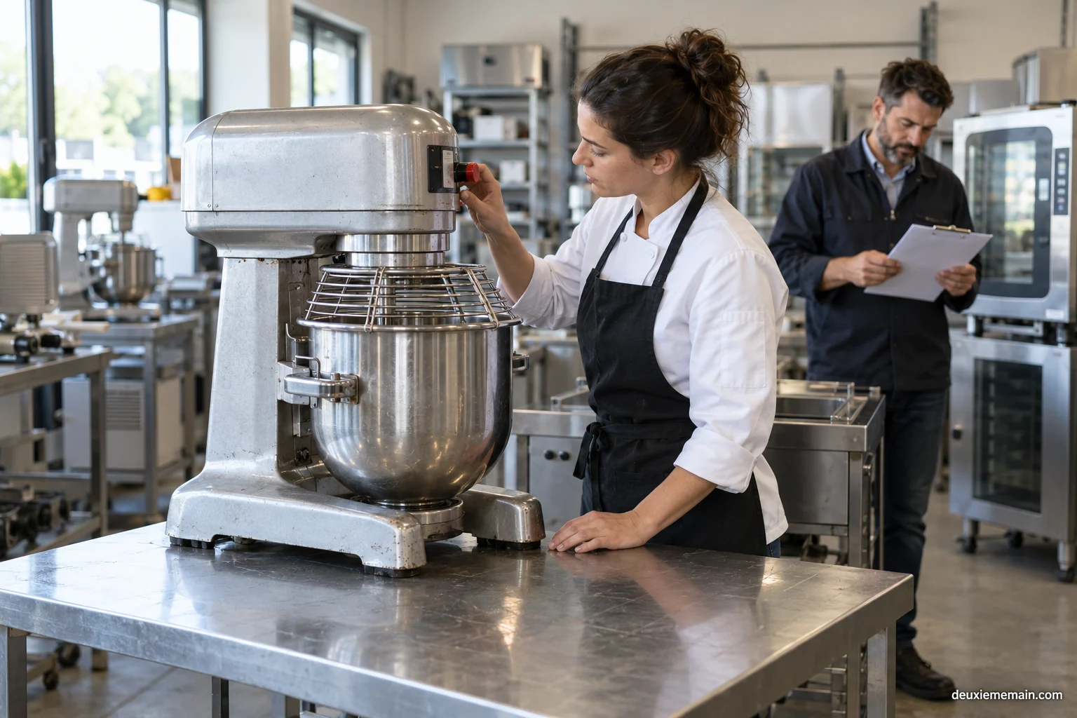 Een professional bekijkt een stilstaande industriële keukenmixer.