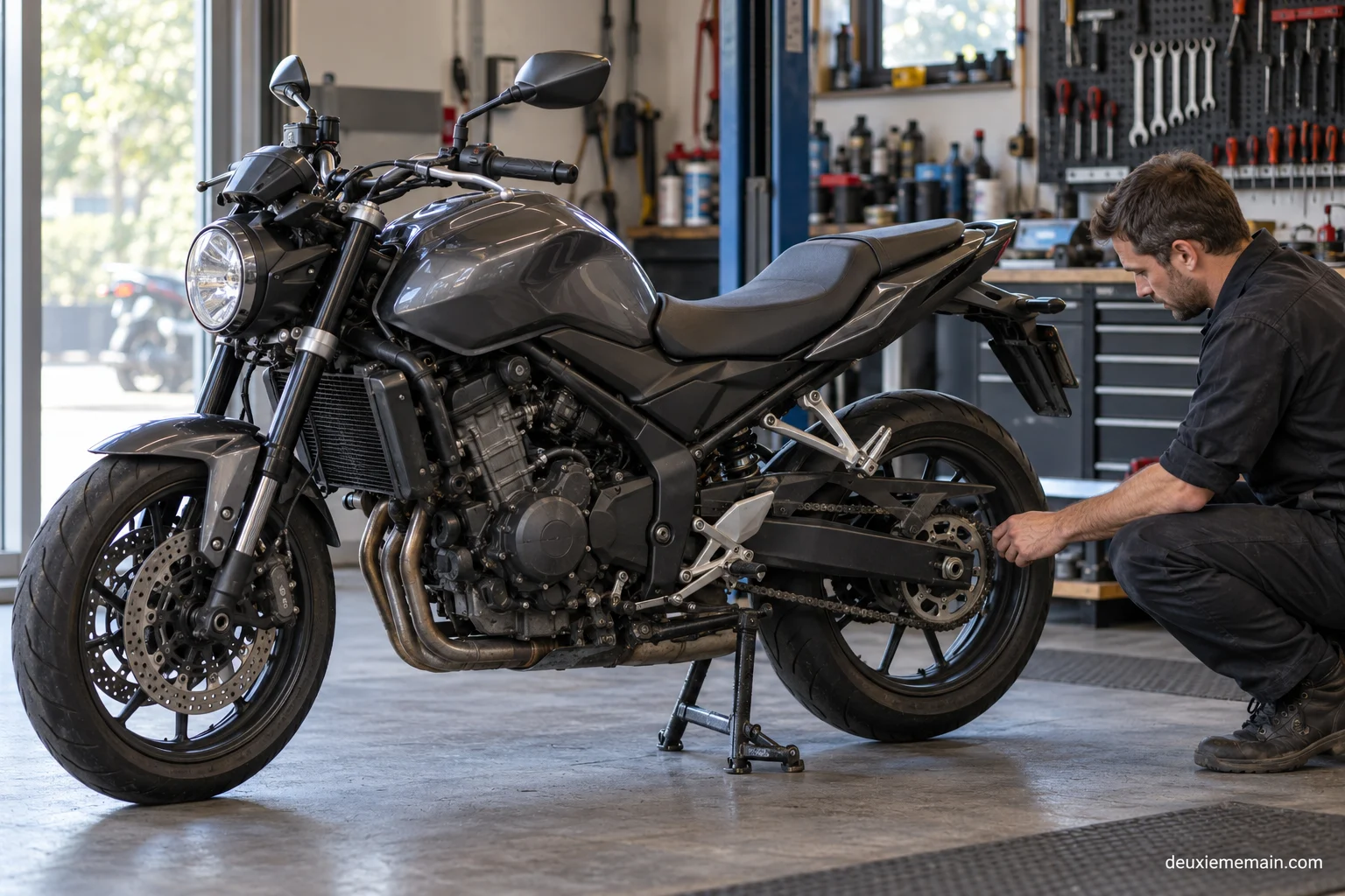 Een monteur controleert een stilstaande tweedehands motorfiets in een werkplaats.