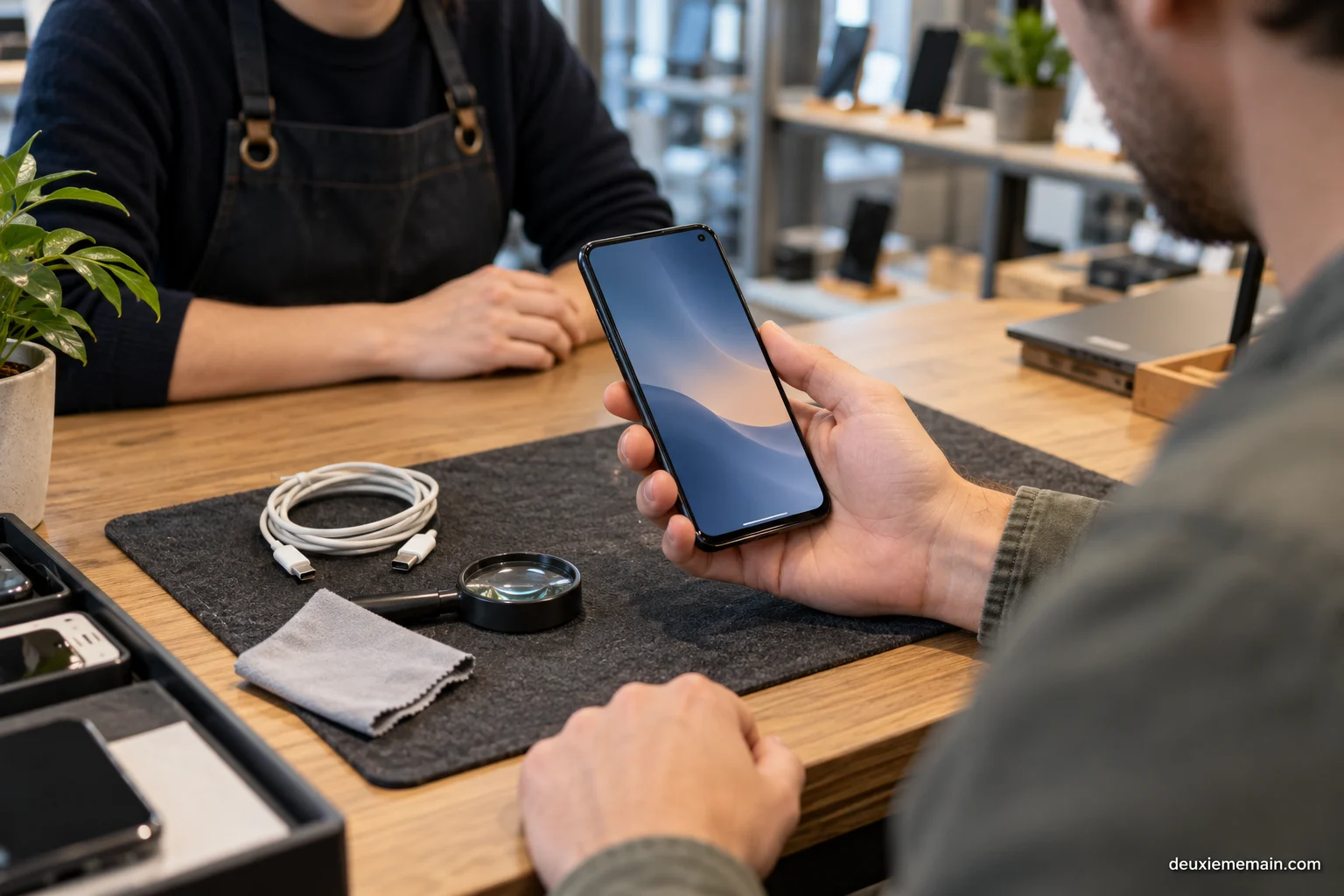Examen d’un smartphone d’occasion dans une boutique