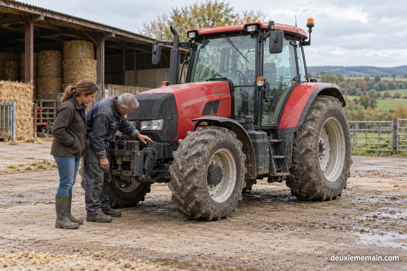 Een landbouwer en monteur bekijken een geparkeerde tractor.