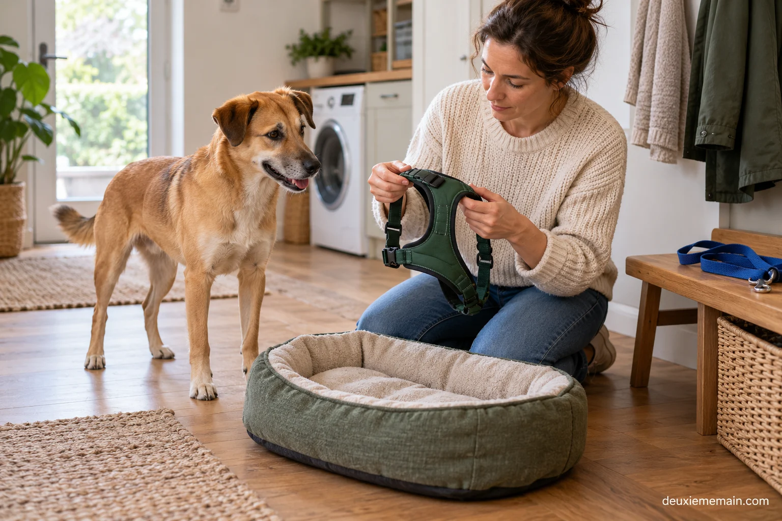 Een hond ligt naast een hondenbed terwijl een tuigje wordt bekeken.