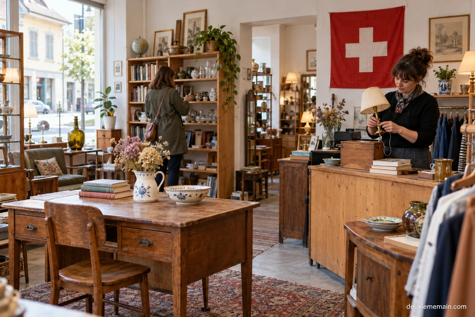 Een hergebruikwinkel met de vierkante Zwitserse vlag.