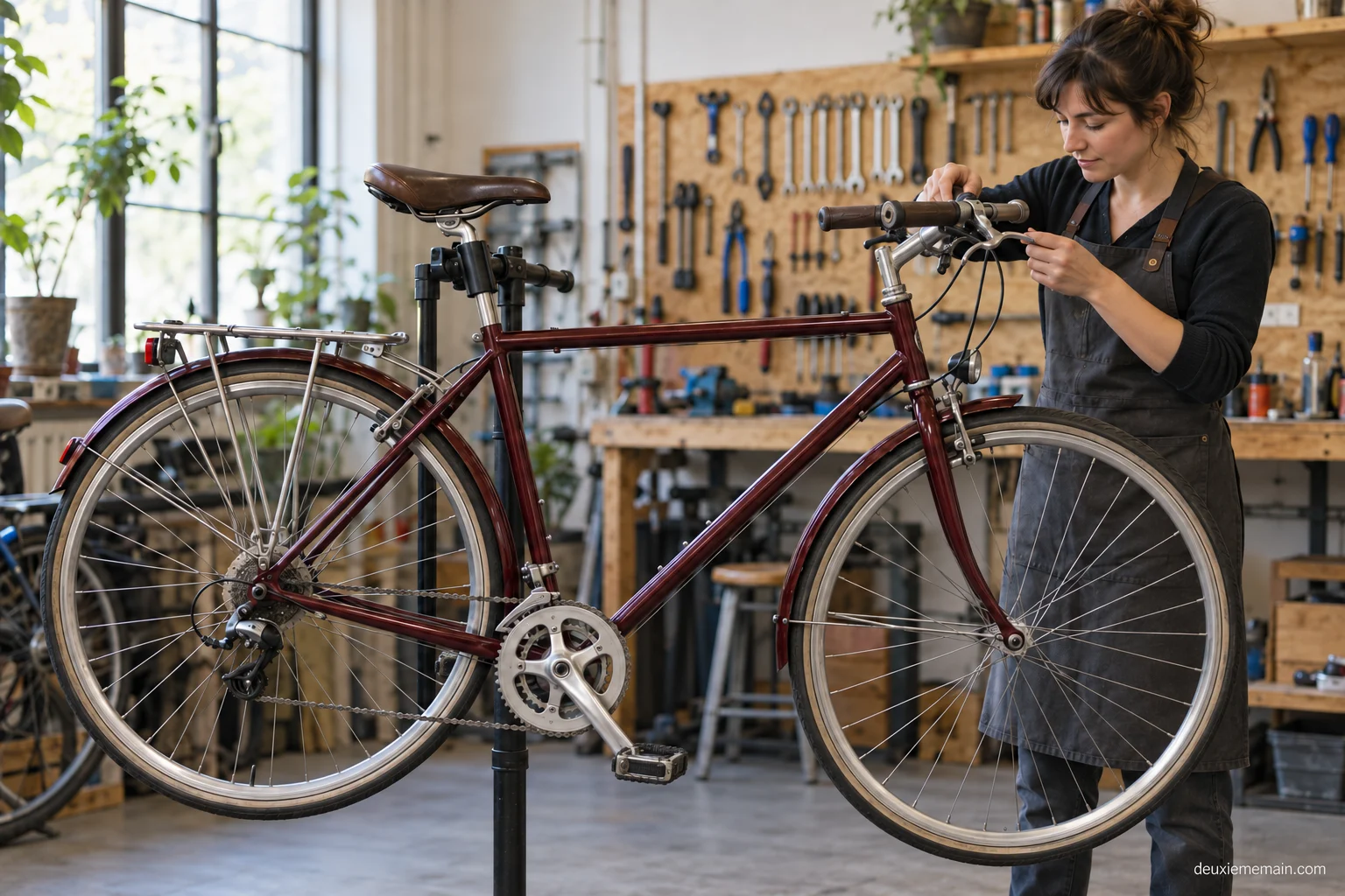 Een stadsfiets wordt in een werkplaats nagekeken.